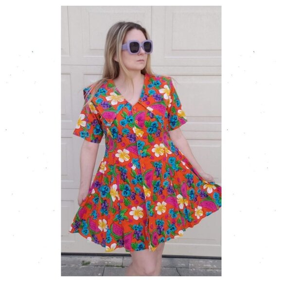 Vintage Tropical Watermelon Floral Print Mini Dress - Picture 2 of 7